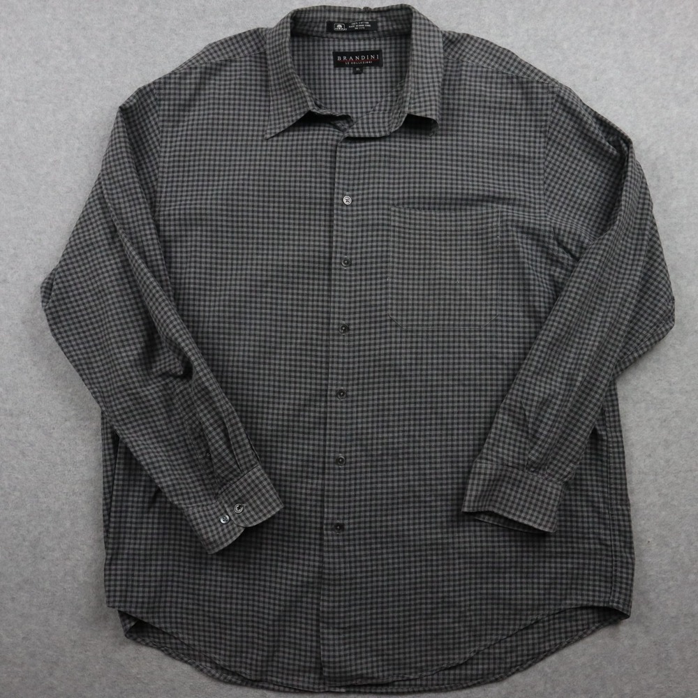Brandini Shirt Mens XL Business Casual Pocket Button Up Gray Plaid Long Sleeve